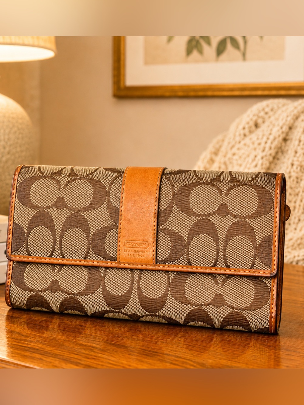 Coach Brown Signature Canvas Continental Wallet with Tan Leather Trim